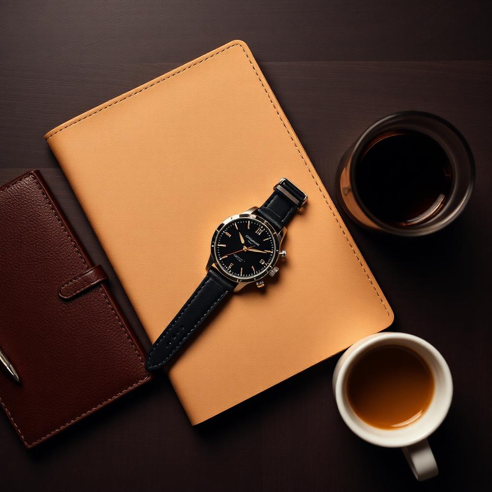 Watch beside a leather notebook and espresso